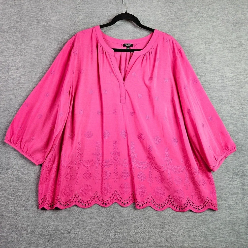 Talbots Women's 3XP Pink Embroidered Eyelet Hem Blouse 3/4 Sleeve Shirt